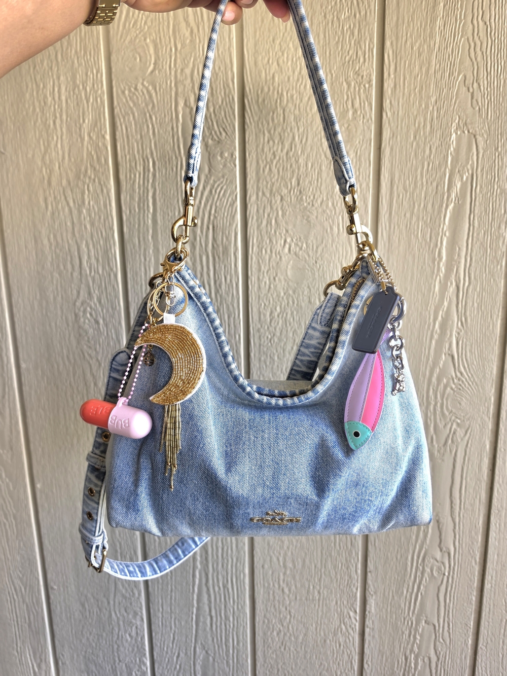Coach Laurel Light Blue Denim Shoulder Bag with Pink & Purple Charm